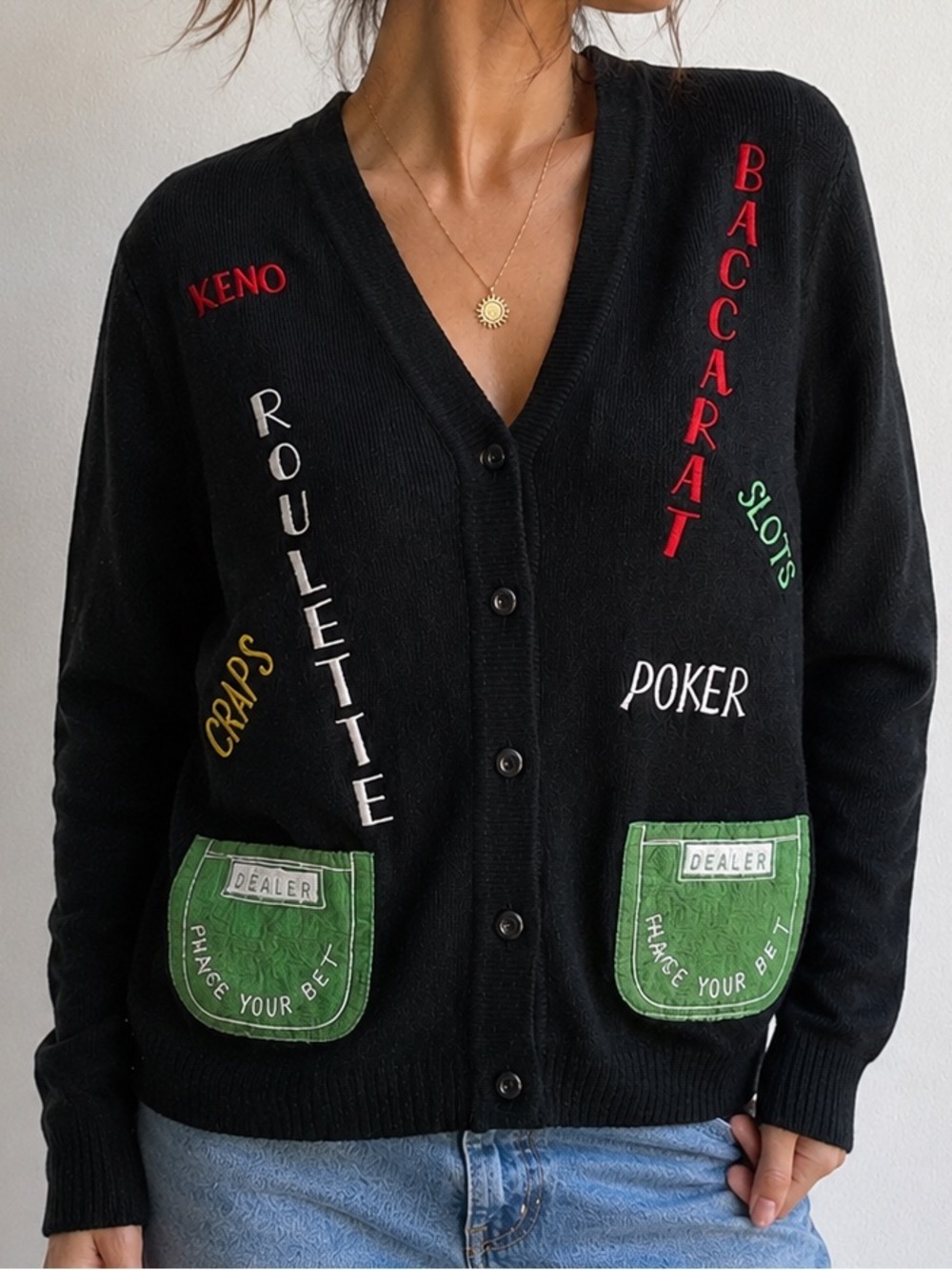 Vintage 90s Casino Gambling Cardigan Sweater Black Embroidered Novelty Vegas S
